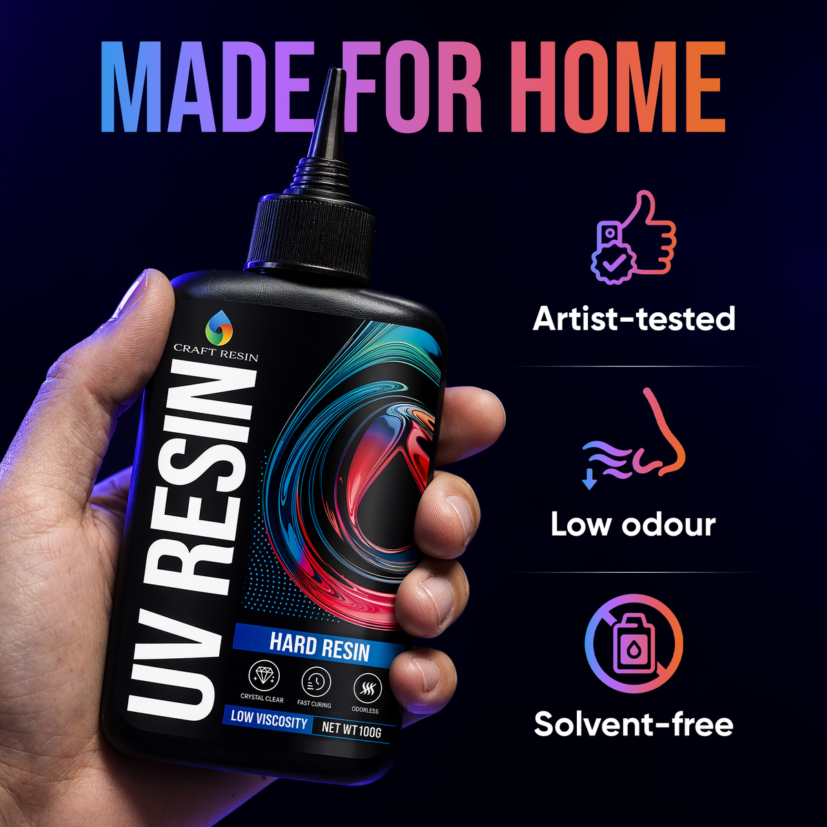 Craft Resin UV Resin Kit with Light showing safe low odor formula for indoor craft projects