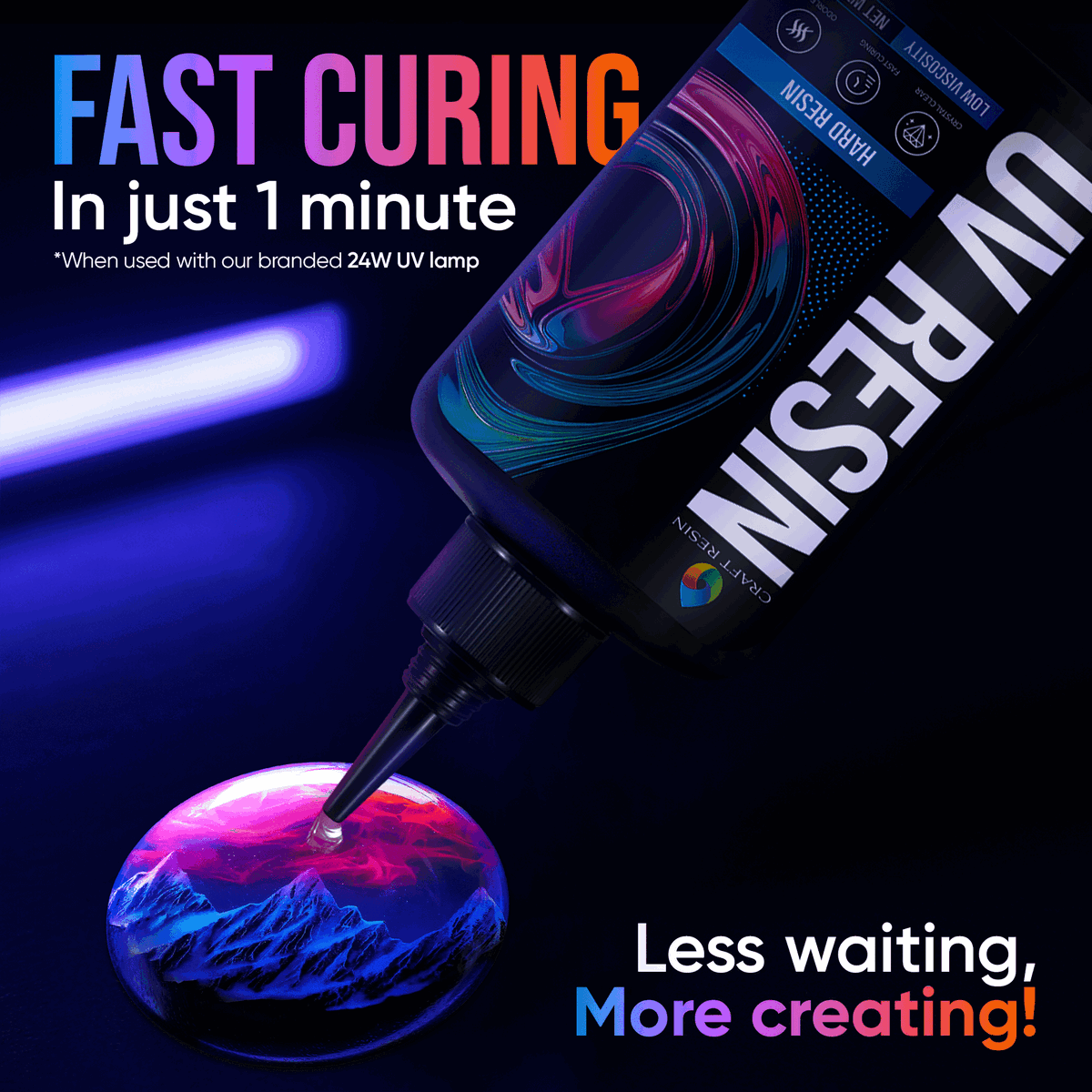 UV Resin bottle with UV lamp curing a colorful resin piece